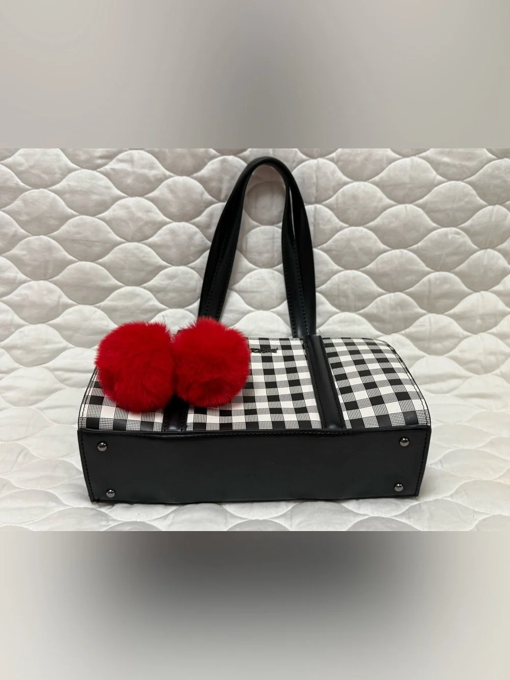 Betsey Johnson Black & White Gingham Tote with Red Pom Pom Charm